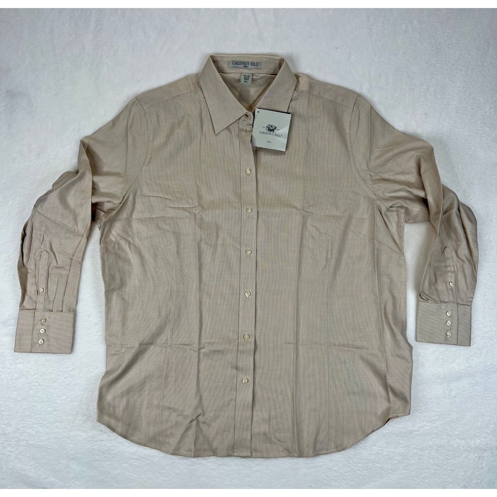 CHESTNUT HILL PIMA Cotton Mens 2XL Long Sleeve‎ Button Down Shirt Tan Solid
